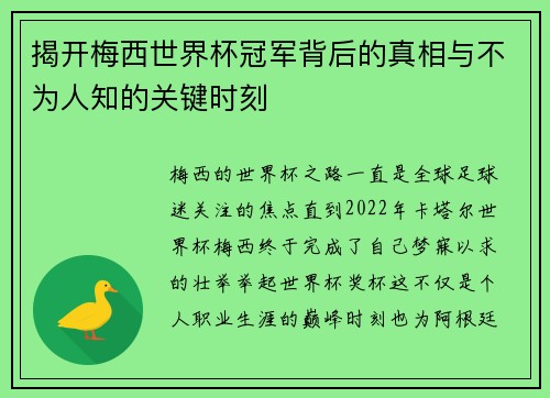 揭开梅西世界杯冠军背后的真相与不为人知的关键时刻